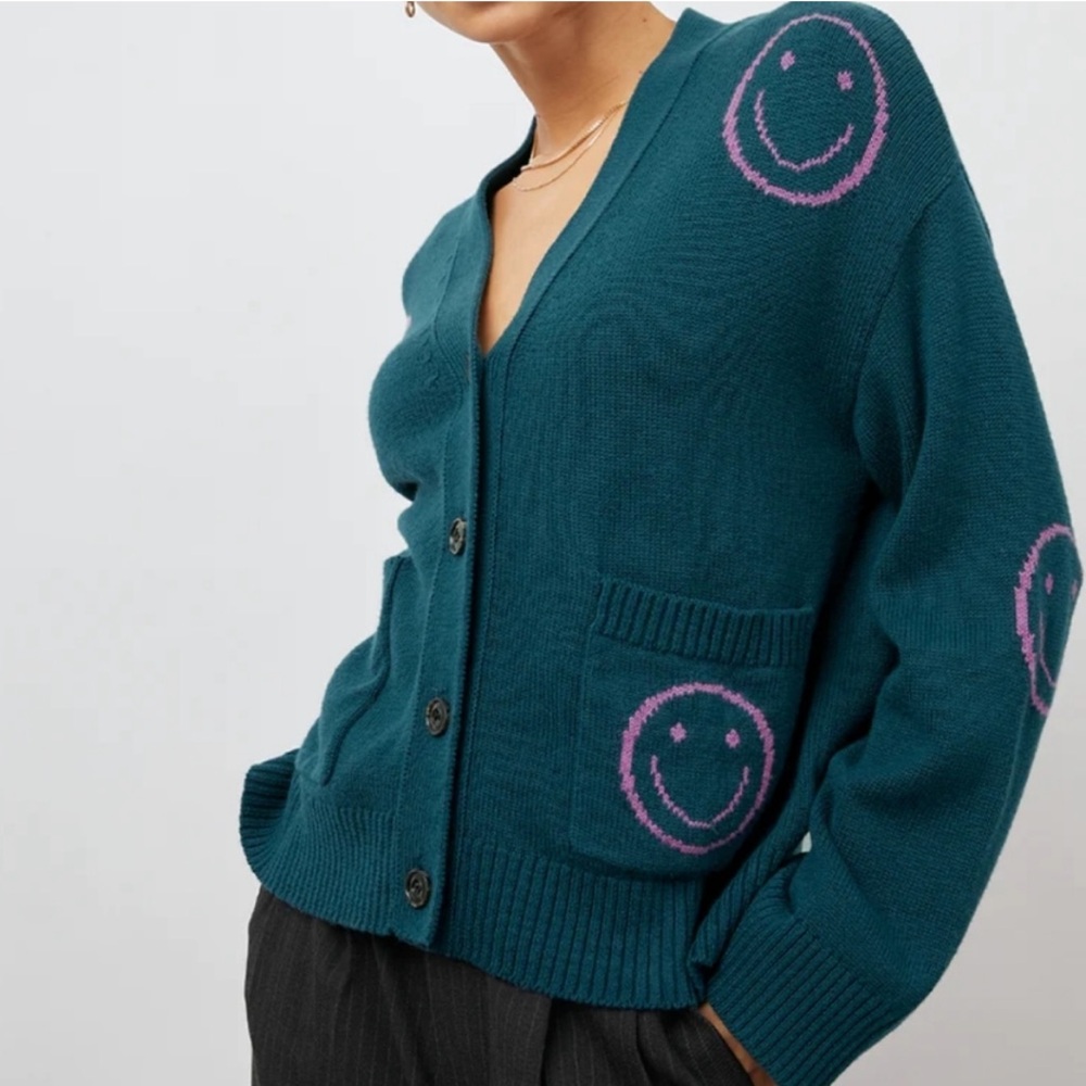 Rails Reese Intarsia Cardigan Wool Cotton Smiley Face Forest‎ Smilies Small